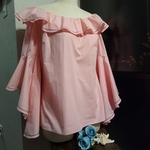 NWOT V Cristina Pink Ruffled Sleeve Blouse Small